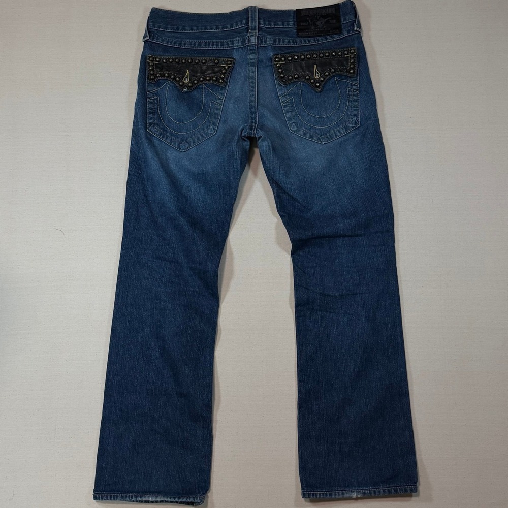 Vintage True Religion Mens Studded Leather Trim Jeans USA Made Size 36x30.5 y2K